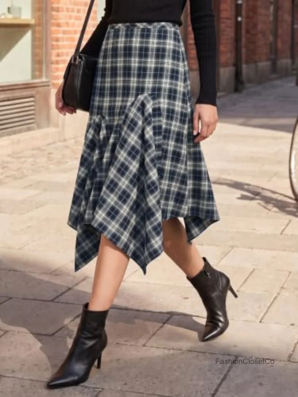 Y2K Plaid Midi Skirt, Low Waist Asymmetrical Flowy A-Line, Grunge 90s Style